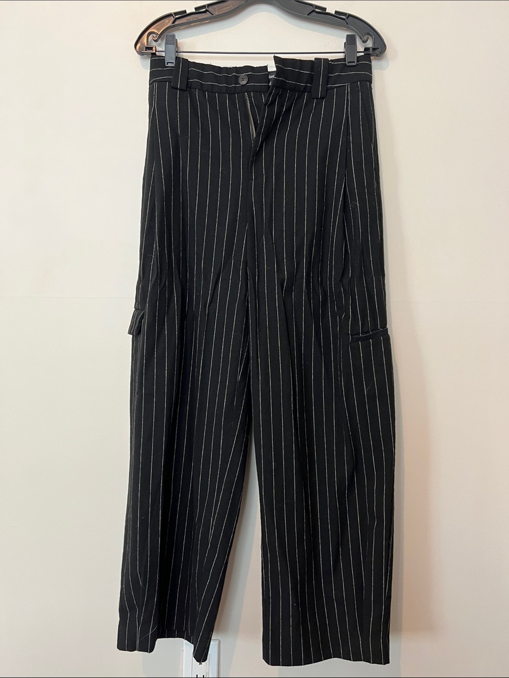Madewell Black Pinstripe Wide Leg Cargo Trousers